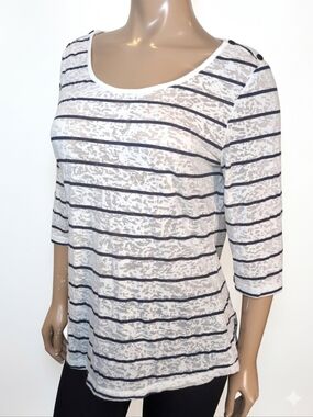 Lois Jeans Keira Burnout Striped 3/4 Sleeve Top White Blue Lightweight
